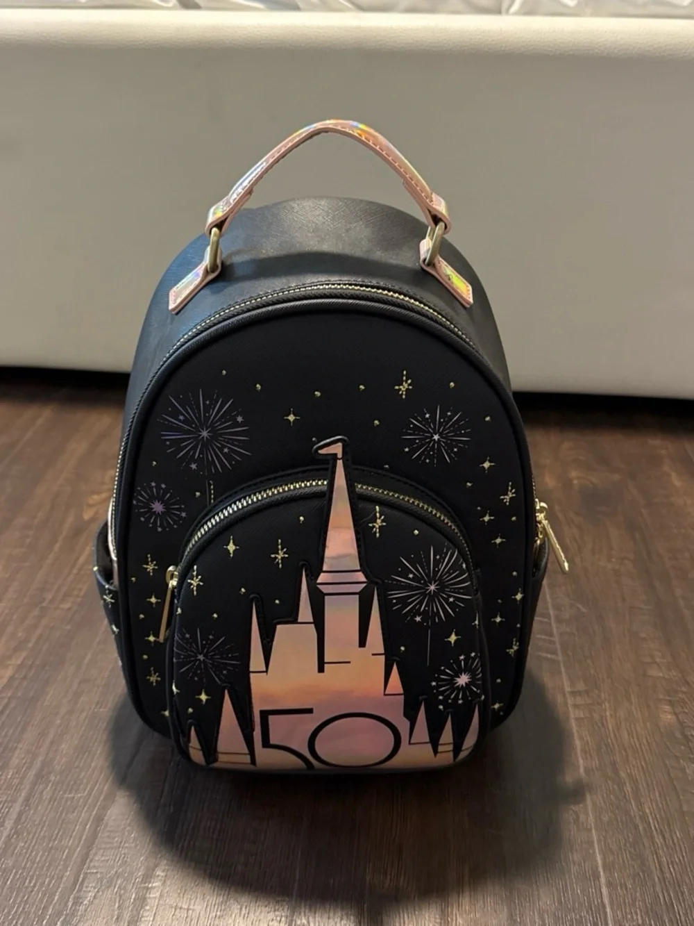 Loungefly Black Mini Backpack with Iridescent Pink-Gold Castle Accent